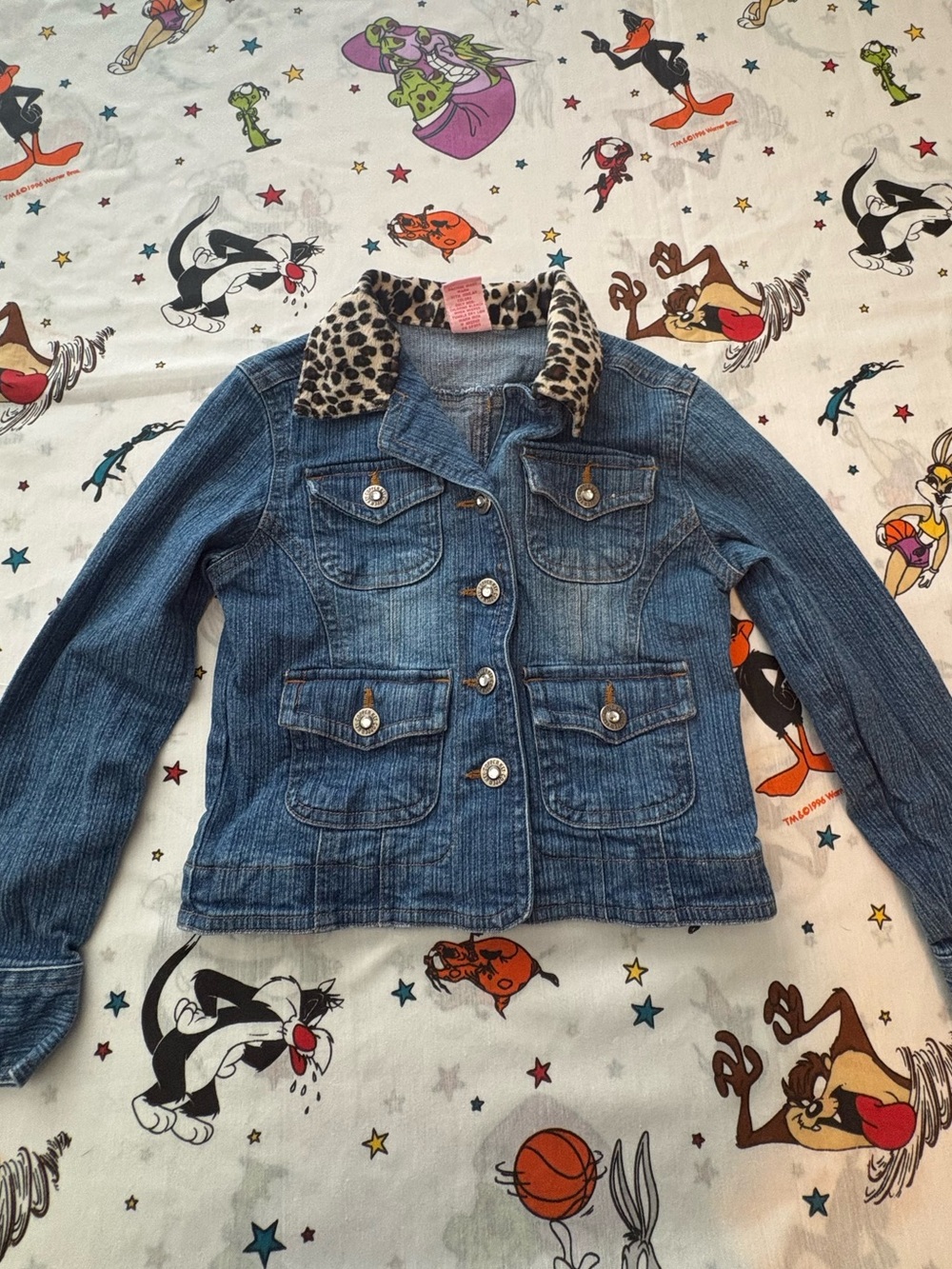 Copper Key Blue Denim Jacket with Leopard-Print Collar